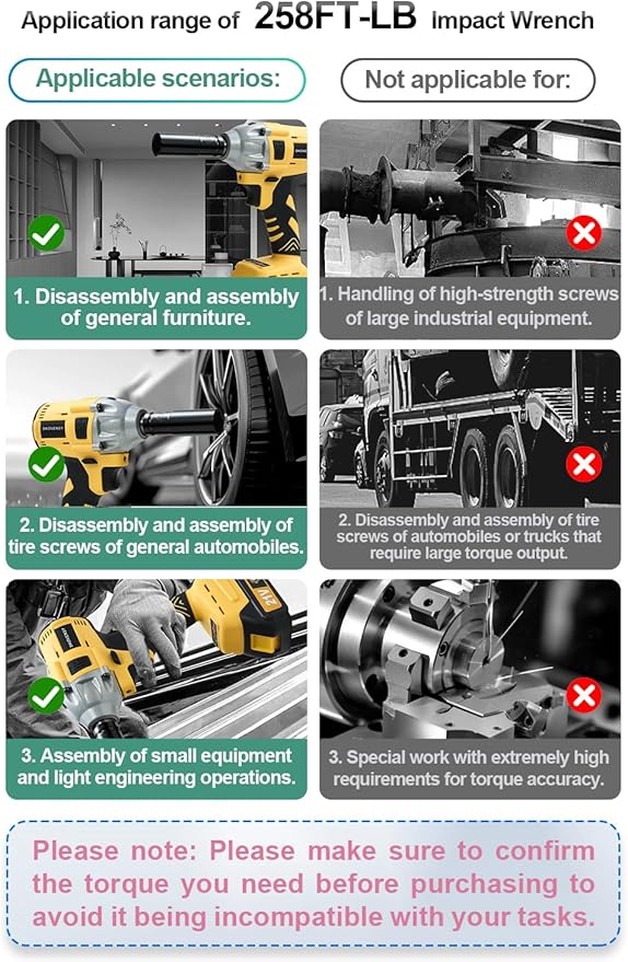 Cordless Impact Wrench 258Ft-lb (350N.m), Electric Driver for Car Tires and Home,1/2" Impact Gun with 2 Batteries and 6 Sockets, Yellow