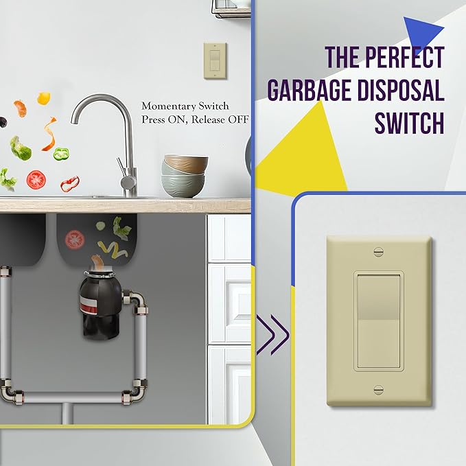 ENERLITES Momentary Contact Decorator Light Switch for Garbage Disposals, Spring Release Paddle, 120-277VAC 15A, Single-Pole, UL Listed, 91245-I, Ivory