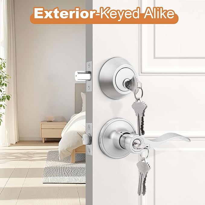 Probrico Entrance Door Lever Deadbolt Sets 3 Set Satin Nickel Exterior Entry Lever and Single Cylinder Deadbolt,Keyed Alike Combo, Keyed Handleset Lockset Exterior(for Front Door and Outside Gate)