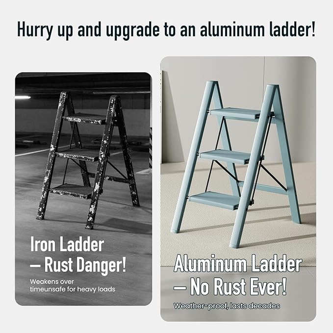 3 Step Ladder,Aluminum Folding Step Stool for Adults,Step Ladder with Wide Anti-Slip Pedal,330 lbs Capacity for Home,Office,Kitchen,Library(Blue)