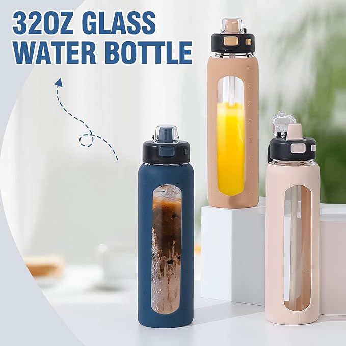 Kodrine 32 oz Glass Water Bottle with Soft Silicone Spout, Locking Lid, and Carry Loop, Navy Blue