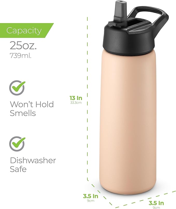 SipX™ Triple-Insulated Stainless Steel Water Bottle 25oz. With 3 Lids, BPA-Free Reusable Insulated Water Bottle Keeps Cold 24 Hours, Metal Water Bottle Made Of Sustainable Material For Hiking & Biking