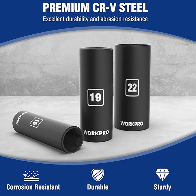 WORKPRO 14-Piece 1/2＂ Drive Deep Impact Socket Set, 6-Point Impact Deep Socket Set with Heavy Duty Storage Case for Automotive and Mechanical Repairs, 10mm-27mm, Cr-V Steel, Metric