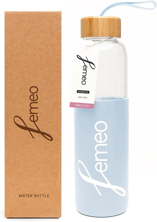 Femeo® Glass Water Bottle for Women | Eco, Yoga & Gym Friendly, 18oz | 100% Leakproof, BPA-Free, Dishwasher Safe, Borosilicate Drinking Glass Bamboo Sports Cap Ice Blue