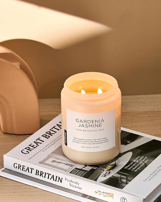 M&SENSE Gardenia Jasmine Scented Candle, 110 Hours Slow Burning Clean Non Toxic 19.4oz 2 Wicks Highly Scented Aromatherapy Candle for Housewarming Gifts, Long Lasting Fragrance for Bath & Office