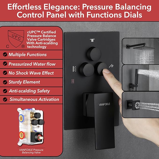 VANFOXLE Shower Faucet Set Matte Black Shower System,Three Modes Shower Faucet with 2 in 1 Handheld,Wall Mount 10 Inch Shower Head with 4 PCS Dual Modes Body Jets