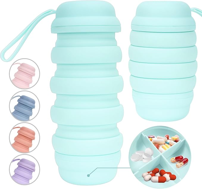 Collapsible Water Bottle, 16 oz. Reusable Water Bottle, Travel Water Bottle, Pill Storage, On the Go, Outdoors, Silicone Water Bottle, BPA Free, Vitamin Storage. (Cyan)
