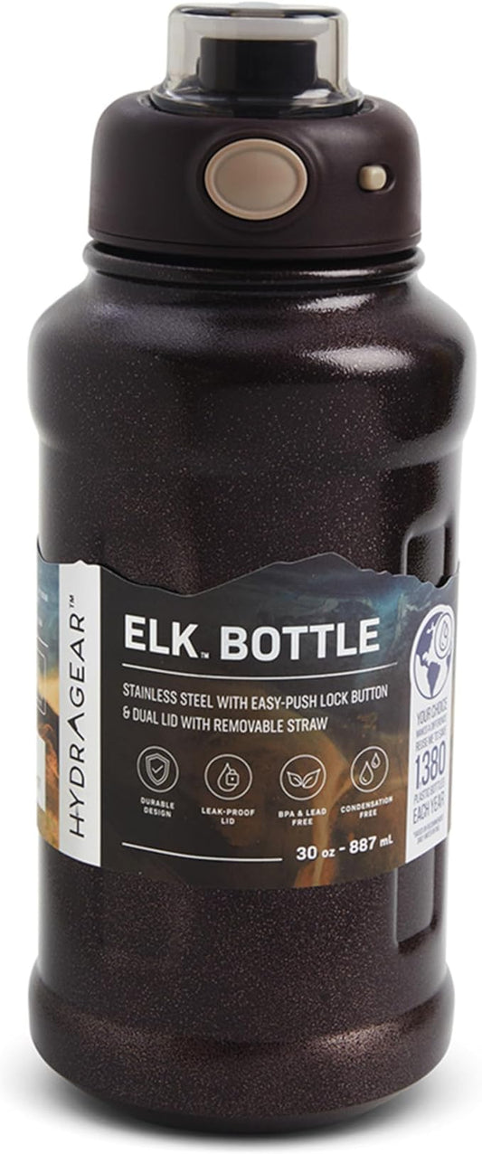 Elk Stainless Steel Bottle with Easy-Push Lock Button and Dual Lid with Removable Straw - 30 Oz - Rustic Raisin Bread