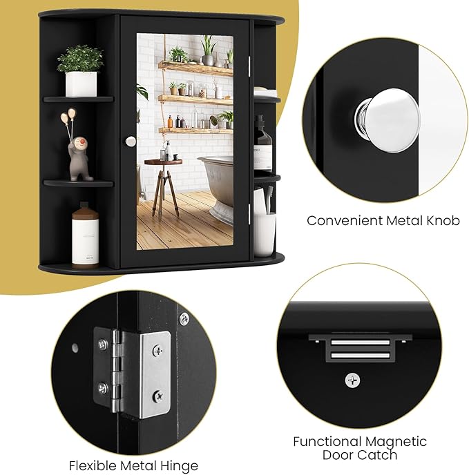 Tangkula Bathroom Medicine Cabinet with Mirror, Wall Mounted Home Storage with Door & 6 Open Shelves, Adjustable Shelves, Mirrored Bathroom Wall Cabinet (Black)