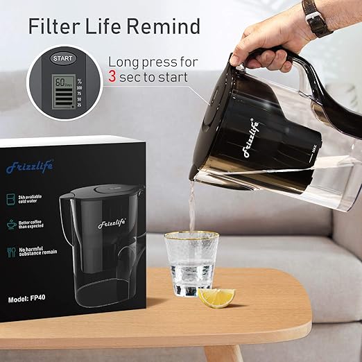 Frizzlife Water Filter Pitcher, Large 10 Cup Purifier with Filter Life Remind, Long Lasting, Adjustable Filtration Speed, Reduces Chlorine, Heavy Metals, Fluoride, Bad Taste & Odor, Dark