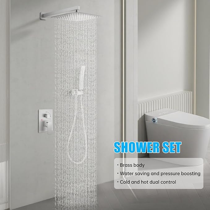 Rainfall Bathroom Shower System, 12-Inch Rain Shower Head and Handle Set, Wall Mounted Dual Shower Combo, All Metal Decorative Shower Luxury Kit Nickel-plated (with Shower Valve)