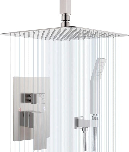 SunCleanse Rainfall Shower Faucet Set Brushed Nickel Shower Combo Set for Bathroom with High Pressure 10 inch Shower Head with Handheld Shower Valves Shower Head and Handheld Ceiling Mounted