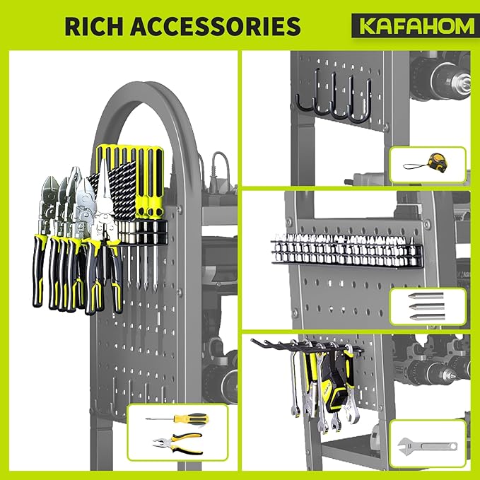 KAFAHOM Power Tool Organizer - 4 Tier Rolling Tool Cart with 8-12 Drill Holder,Tool Storage Cart on Wheels - Heavy Duty Metal Utility Tool Shelf for Garage, Workshop, Warehouse & Repair Shop