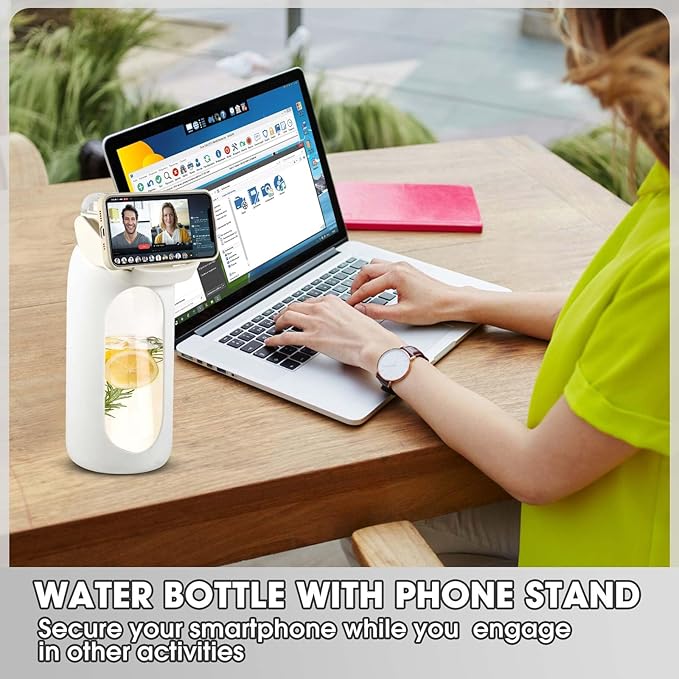 Glass Water Bottles 64 oz - Half Gallon Water Bottle with Straw Phone Holder Handle Time Marker and Silicone Sleeve, Large Motivational Water Jug with Carrier Bag for Daily Intake Gym White