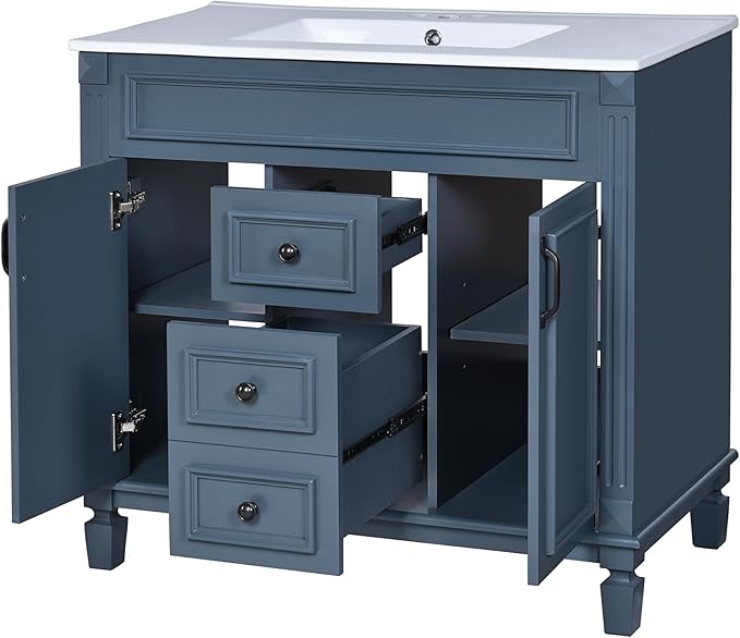 Merax 36” Bathroom Vanity with Sink, Freestanding Single Bathroom Sink Vanity Cabinet Set with 36” Countertop & Integrated Sink, 2 Doors & 2 Drawers (Sink Cabinet Only, Blue)