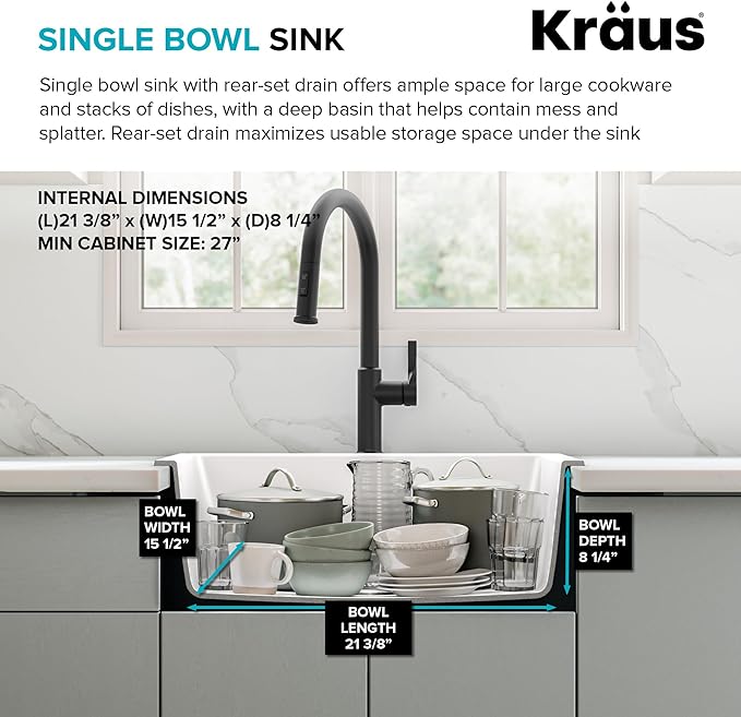 KRAUS Quarza 24-inch Granite Drop-In/Undermount Single Bowl White Kitchen Sink, KGD-410BWHITE