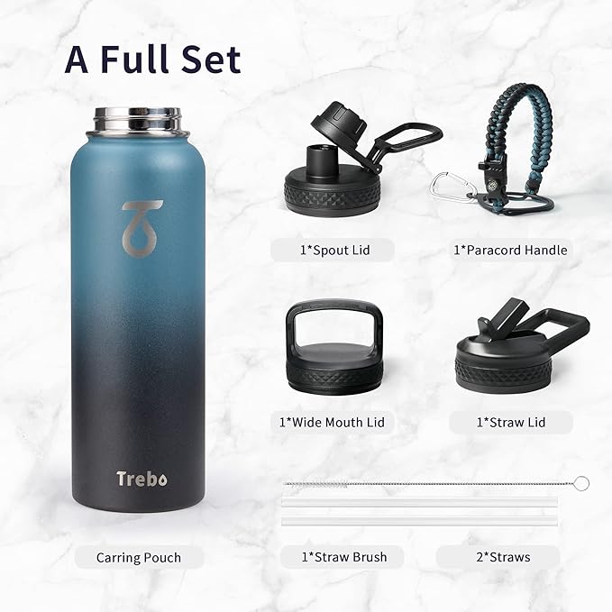 Trebo Water Bottle 40oz with Paracord Handle,Food-grade Double Wall Vacuum Stainless Steel Insulated Jug with Straw Spout Handle Lids, Large Sports Flask Keep Cold & Hot, Ombre: Indigo/Black