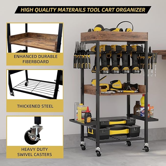 Power Tool Organizer Cart Metal Floor Standing Rolling Drill Rolling Tool Cart Box Organizer - 4 Layer Garage Storage Shelving with Wheels, for Workbench and Garage Gift for Men, Father.