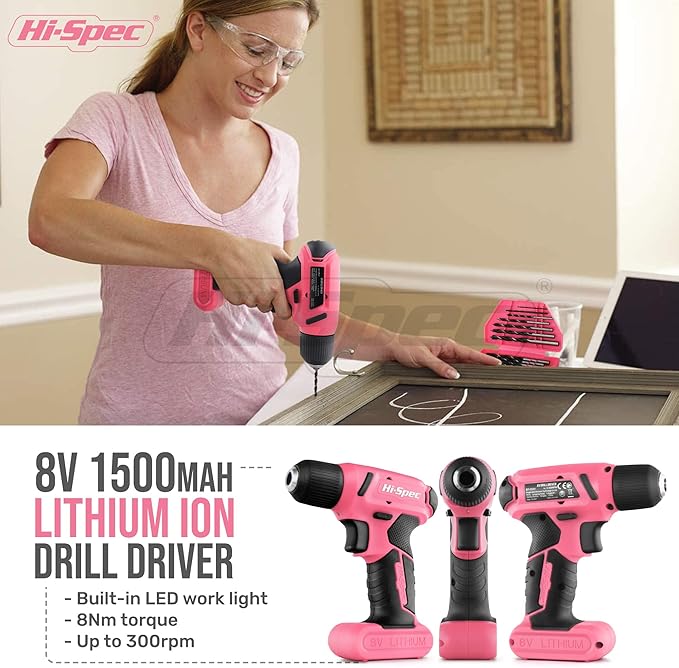 Hi-Spec 58pc Pink 8V USB Electric Power Cordless Drill Driver and Womens Ladies Home DIY Tool Kit Set. Screwdrivers, Drill Bit Set Accessories, Pliers and Hammer In a Toolbox Case