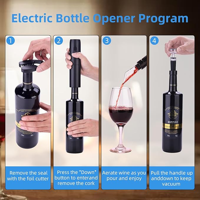 Wine Opener Electric Wine Bottle Openers Electric Wine Openers Set with Rechargeable Base Automatic Wine Opener Rechargeable with Foil Cutter Vacuum Preservation Stoppers Wine Dispenser Storage Base