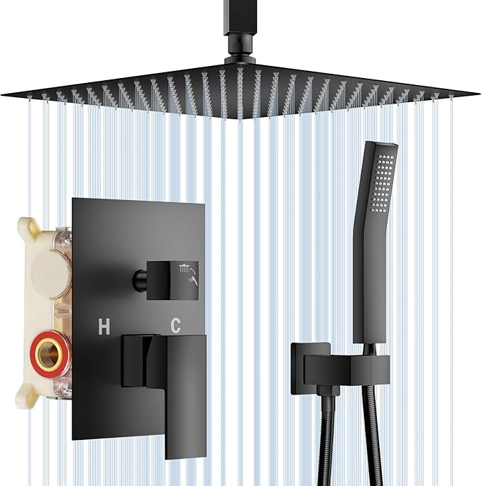 NERDON Shower System, 12 Inch Matte Black High Pressure Shower Head with Rain Handheld Combo Set, Ceiling Mounted Dual Shower Head System, Bathroom Shower Faucet Set Rough-in Valve Body and Trim