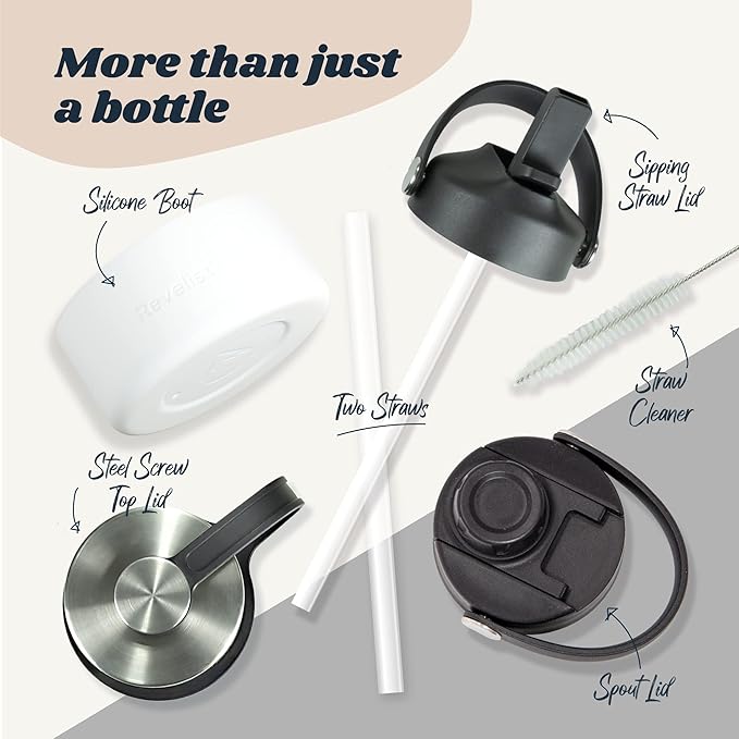 Revelist Sports Water Bottle - 32 Oz, 3 Lids (Straw Lid, Spout & Screw Top) with Boot, Vacuum Insulated Stainless Steel, Double Walled, Reusable Water Flask, Metal Canteen - Arctic White