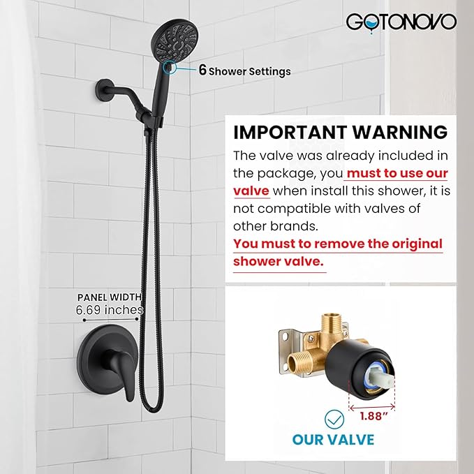 gotonovo Single-Handle Shower Faucet Set Shower Kit with Valve Shower Head and Handle Set Shower Trim Kit with 6 Modes ABS Handheld Shower Fixtures Shower Valve and Trim Kit Matte Black