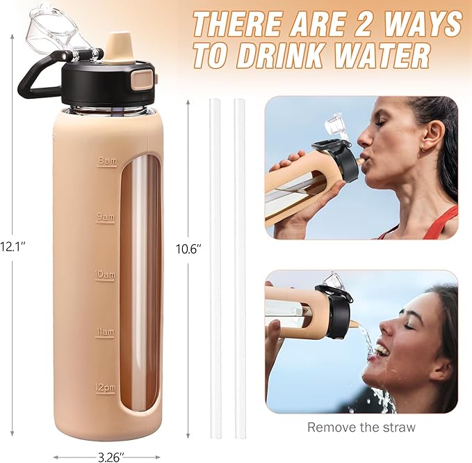 Kodrine Water Bottle with Soft Straw and Carry Loop, 32 oz Glass Water Bottle with Locking Lid, Clear Water Bottles Sports, Drinking Bottle for Travel Home Gym, Leakproof(Amber)