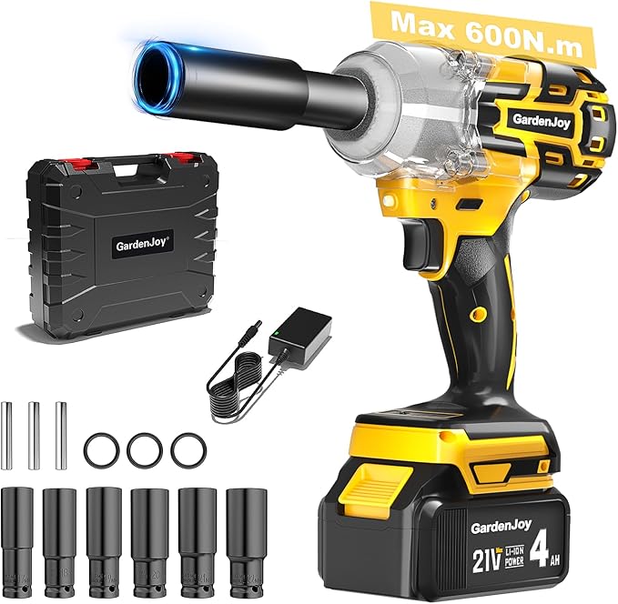 Cordless Impact Wrench 1/2 Inch, 21V Max Brushless, 450 Ft-lbs (600N.m) Max Torque, 3-Speed, w/ 4.0Ah Battery & Quick Charger, 6Pcs Impact Sockets - for Automotive Repair, Tire Changing, Home DIY