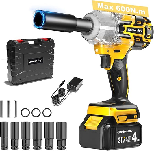 Cordless Impact Wrench 1/2 Inch, 21V Max Brushless, 450 Ft-lbs (600N.m) Max Torque, 3-Speed, w/ 4.0Ah Battery & Quick Charger, 6Pcs Impact Sockets - for Automotive Repair, Tire Changing, Home DIY