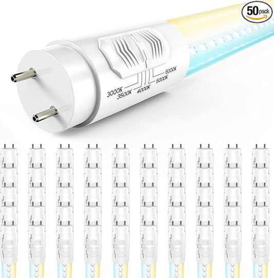 Sunco 50 Pack T8 LED Bulbs 4 Foot, LED Fluorescent Tube Replacement, 4ft LED Tube Light, Ballast Bypass, 18W, 2200 LM, Selectable CCT 3000K/3500K/4000K/5000K/6000K, Single Ended Power, Clear Lens UL