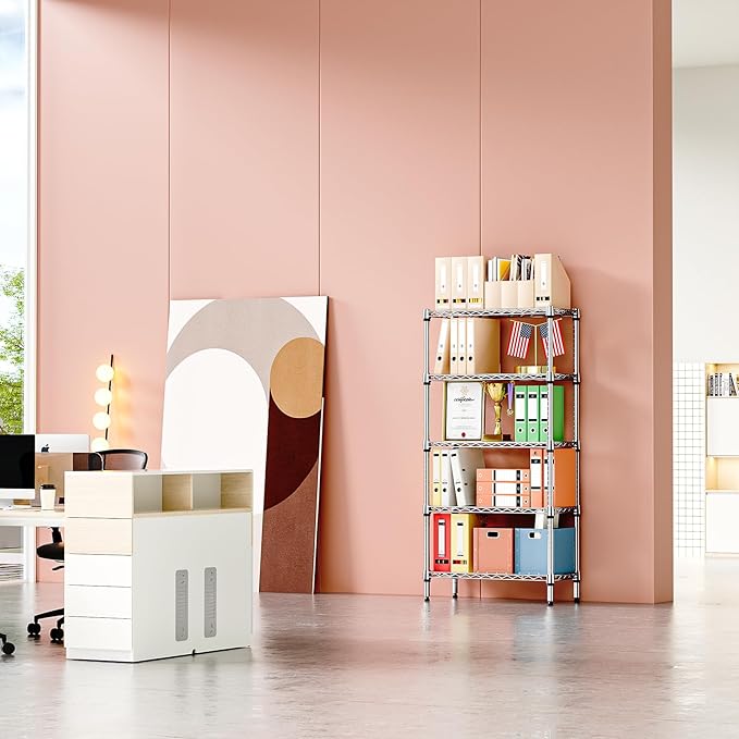 IZEUK 5-Tier Chrome Metal Storage Shelves, Heavy Duty Wire Shelving Unit for Kitchen, Office, Garage, or Home Organization, 1250 lbs Capacity, 13.8" D x 29.5" W x 59.5" H