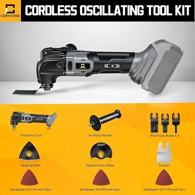 Cordless Oscillating Tool Compatible with Dewalt 20v Battery, 21000 OPM Max Brushless-Motor Tool with Auxiliary Handle, Oscillating Multi-Tool for Scraping, Sanding,Cutting Wood(Not Battery)
