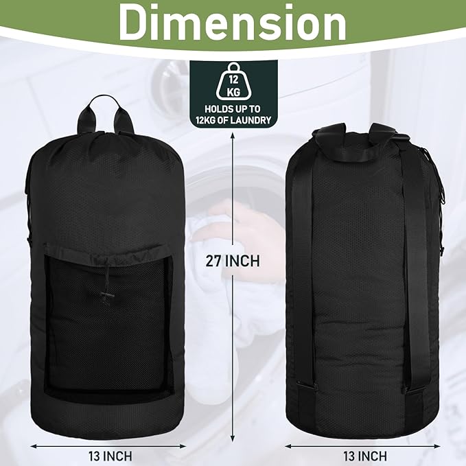Laundry Bag Backpack, Large Travel Laundry Bags with Shoulder Straps & Mesh Pocket Durable Polyster Clothes Hamper Bag for College Laundromat Apartment (Black, Large)