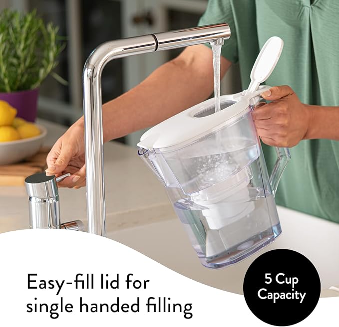 Aqua Optima 5-Cup Water Filter Pitcher Bundle Pack for Tap and Drinking Water with 6 Evolve+ Filter, Reduces Microplastics, Improves Taste, BPA Free, WQA Certified, Liscia Design (White)