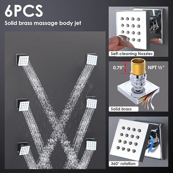 Enga Shower Jets System in Wall, 16 Inch Rain Shower Head with Body Spray Thermostatic Shower Faucet Set, Can Use All Functions At a Time (Volume Adjustable)