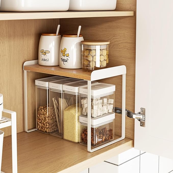 Mitus Shelf Organizer and Storage, Tiered Wood Cabinet Rack for The Kitchen Counter, Bathroom Counter, Pantry Cupboard, Office Desk Bookshelf, 16" Wide Natural and White (Large)