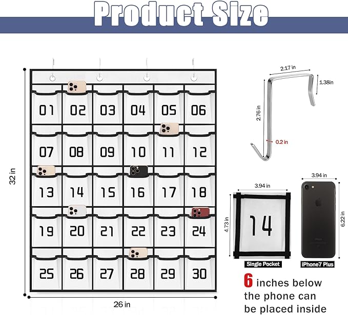 Loghot Classroom Accessories Closet Pocket Chart for Cell Phones Holder Wall Door Hanging Organizer (30 Pockets White)