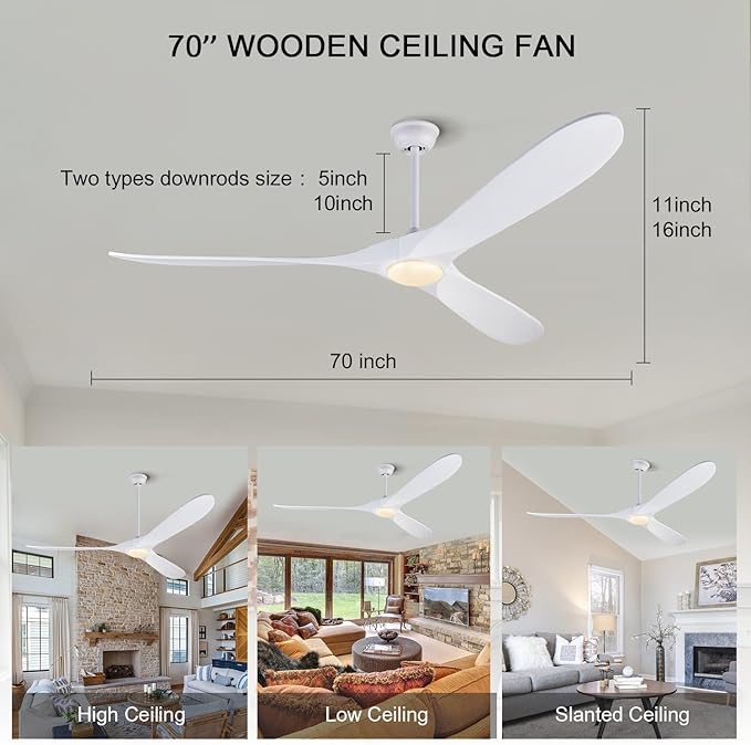 BOJUE Ceiling Fans with Lights 72 inch Indoor Outdoor Ceiling Fan,Wood Ceiling Fan with Remote Control & 3 Wood Blade for Patio Living Room Bedroom (White Blades)