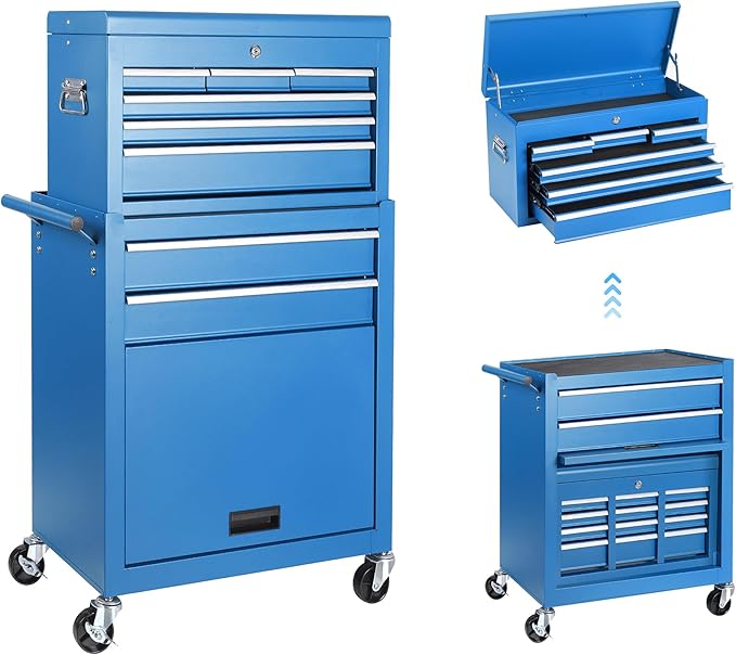 Tool Chest 8 Drawers Garage Storage Cabinet 2 in 1 Steel Frame Tool Chest with Wheels, Liner, Detachable Top, Lockable Wheels and Side Hooks for Garage, Blue