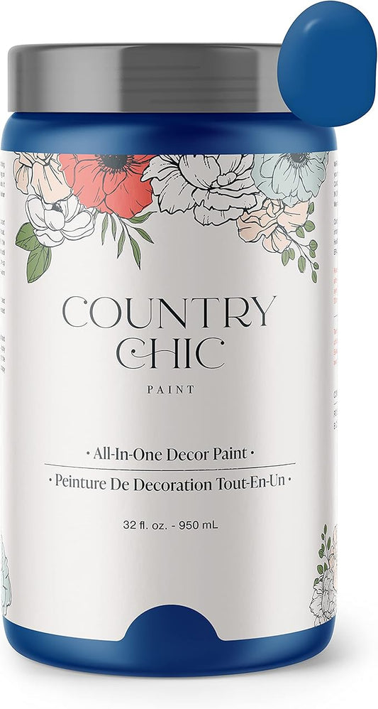 Country Chic All-in-One Chalk Paint for Furniture, Cabinets, Home Decor, Eco-Friendly, Matte Finish, Built-In Primer & Top Coat for Wood, Metal - Bling Bling (Royal Blue) - Quart 32 oz (950 ml)