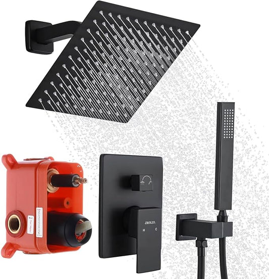 Shower System with Handheld Shower, Rainfall Shower Faucet Set with 10 Inch Shower Head and Handheld Wall Mounted Bathroom Shower System Faucet Set Rough-in Valve and Trim Kit, Matte Black