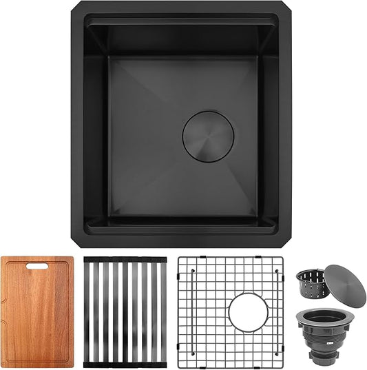 Black Bar Sink Undermount,Small Bar & Prep Sinks,16 Gauge Stainless Steel Bar Sink with Workstation for Wet Bar Area,Special Offset Drain Design (16" X 18")