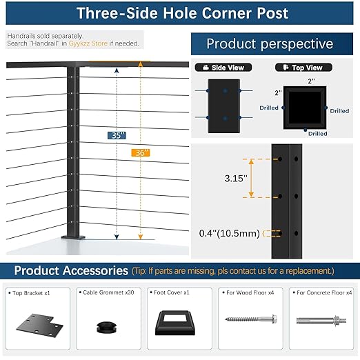 Economical 36" Corner Cable Railing Post, T-Drilled Three-Side Stainless Steel T304 Corner Rail Post, Upgraded Black One-Post Corner Solution, Wire Metal Post for Indoor Outdoor Corner Railing