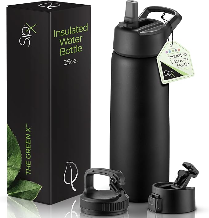 SipX™ Triple-Insulated Stainless Steel Water Bottle 25oz. With 3 Lids, BPA-Free Reusable Insulated Water Bottle Keeps Cold 24 Hours, Metal Water Bottle Made Of Sustainable Material For Hiking & Biking
