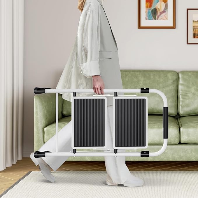 KINGRACK 2 Step Ladder, Folding Step Stool with Anti-Slip and Wide Pedal, Lightweight Stepladder with Handrails, Portable for Kitchen, Household, White