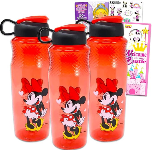 Minnie Mouse Water Bottle Set for Kids – Bundle with 3 Minnie Mouse Drinking Bottles, Minnie Stickers, and More | Classic Minnie Drinking Cups