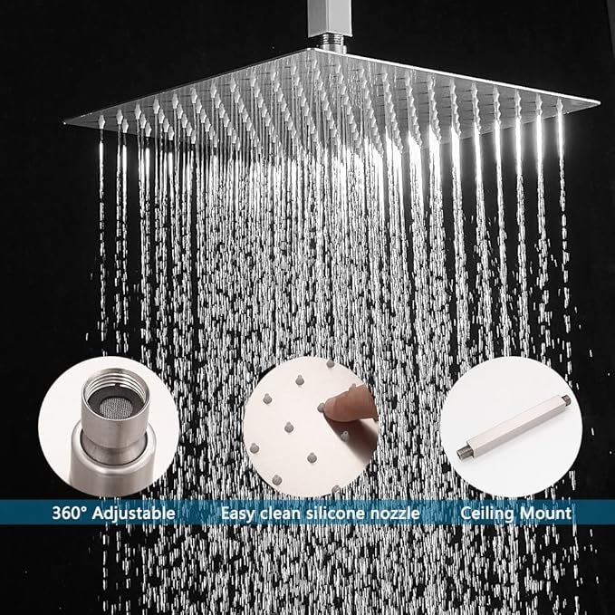 12 Inch Ceiling Mount Brushed Nickel Shower System Bathroom Luxury Rain Mixer Shower Combo Set Ceiling Rainfall Shower Head System (Contain Shower Faucet Rough-in Valve Body and Trim)