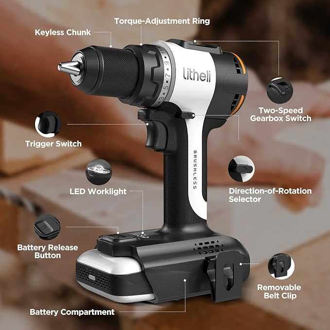 Litheli Cordless Drill Driver, Brushless Electric Power Drill with 2 Variable Speed, 1/2 Inch Keyless Chuck, 17+1 Clutch Settings with Maximum Torque of 530 In-lbs (Battery and Charger not Included)