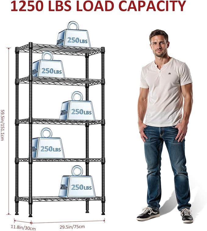 IZEUK 5 Tier Black Metal Storage Shelves, Heavy Duty Wire Shelving Rack for Garage, Kitchen, Bathroom, Laundry, Closet Organizer, 1250 lbs Capacity, 11.8" D x 29.5" W x 59.5" H